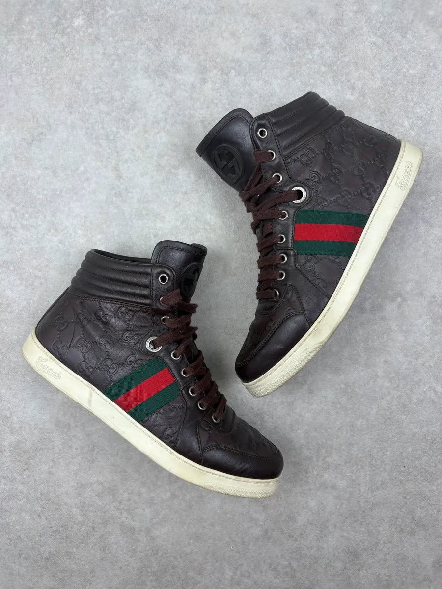 Gucci Brown Leather Monogram High Top Sneakers cEFfFJC 4