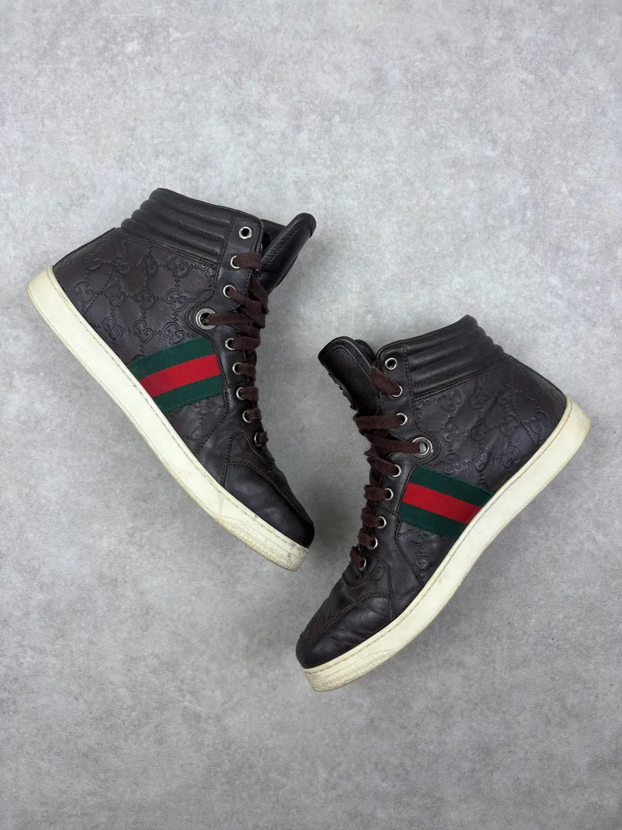 Gucci Brown Leather Monogram High Top Sneakers cEFfFJC 5
