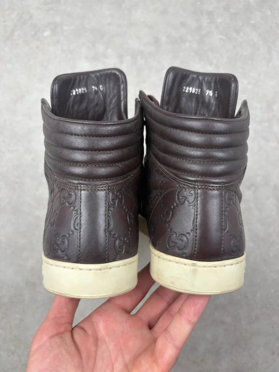 Gucci Brown Leather Monogram High Top Sneakers cEFfFJC 6