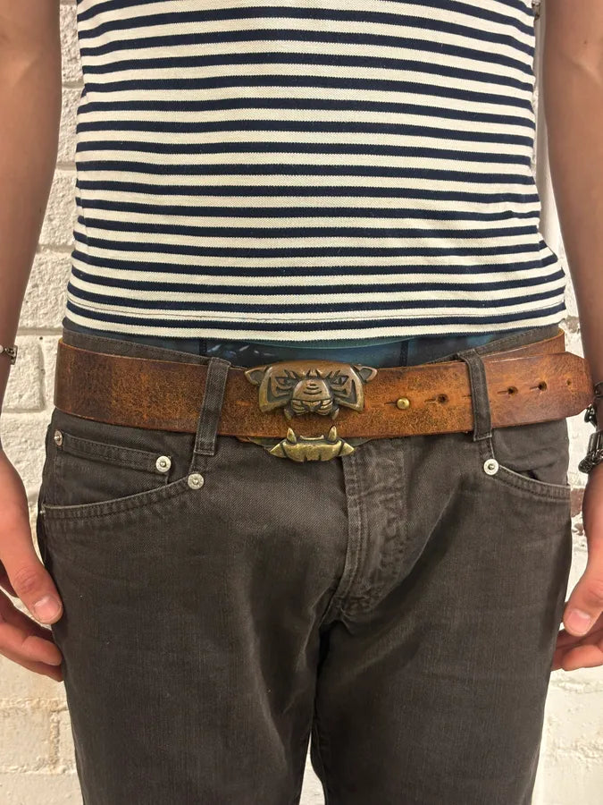 Diesel Cognac Leather Tiger Buckle Belt OVZvuBq 0