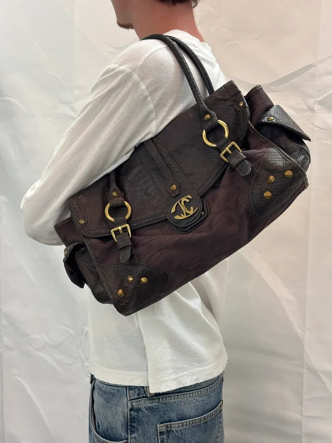 2000s Cavalli Brown Python Embossed Leather Shoulder Bag ftYRLRw 1