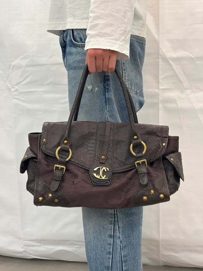 2000s Cavalli Brown Python Embossed Leather Shoulder Bag ftYRLRw 2