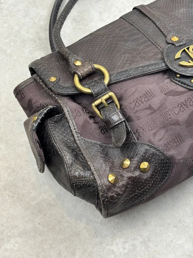 2000s Cavalli Brown Python Embossed Leather Shoulder Bag ftYRLRw 5