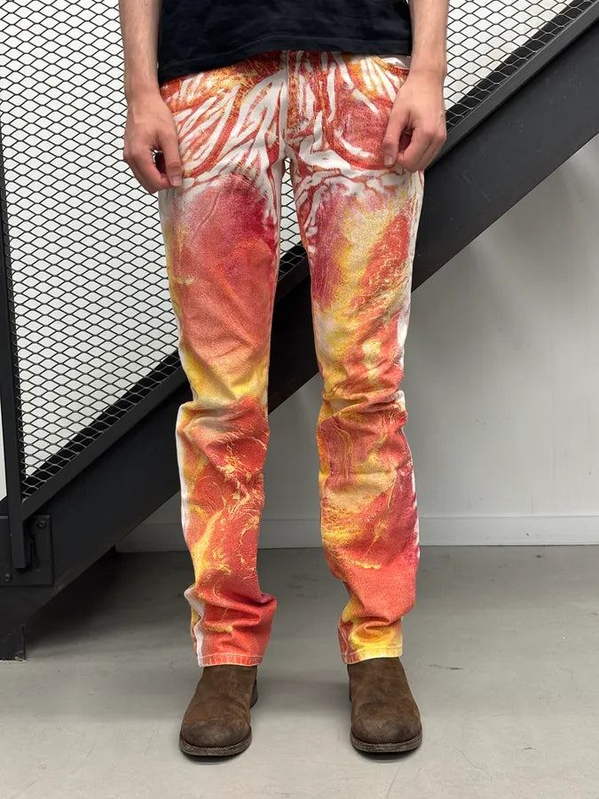 2000s Roberto Cavalli Orange Denim Tie-Dye Fire Jeans ulaZqkE 1