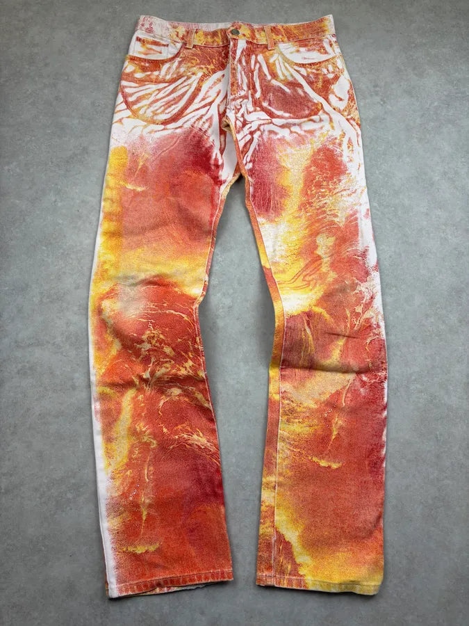 2000s Roberto Cavalli Orange Denim Tie-Dye Fire Jeans ulaZqkE 0