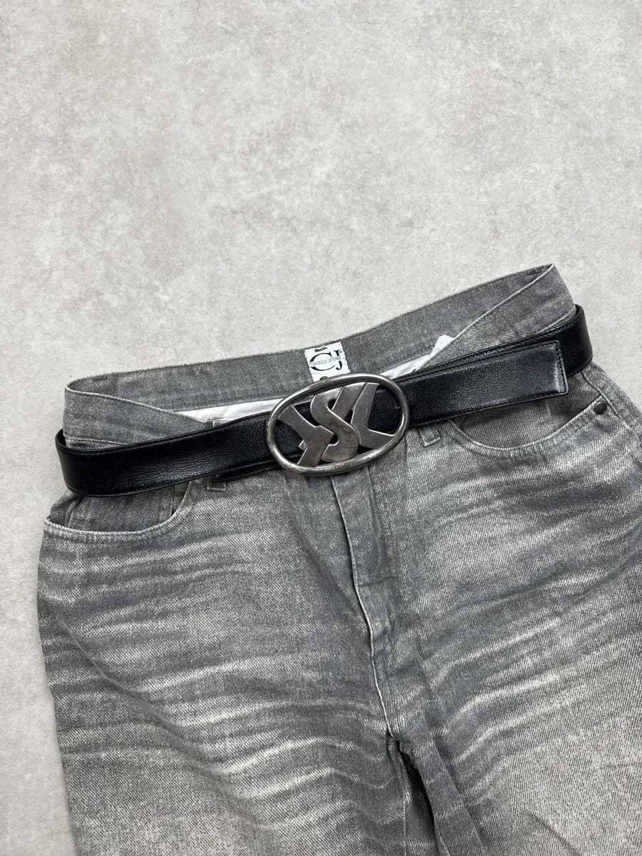 AW2003 Yves Saint Laurent Black Leather Oval Metallic Buckle Belt yKYpiCYl 0