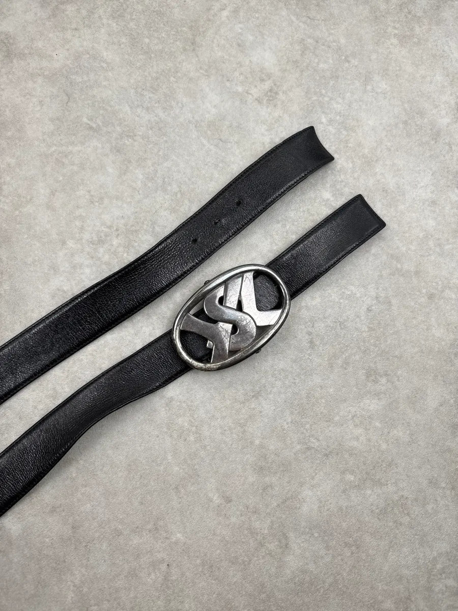 AW2003 Yves Saint Laurent Black Leather Oval Metallic Buckle Belt yKYpiCYl 3
