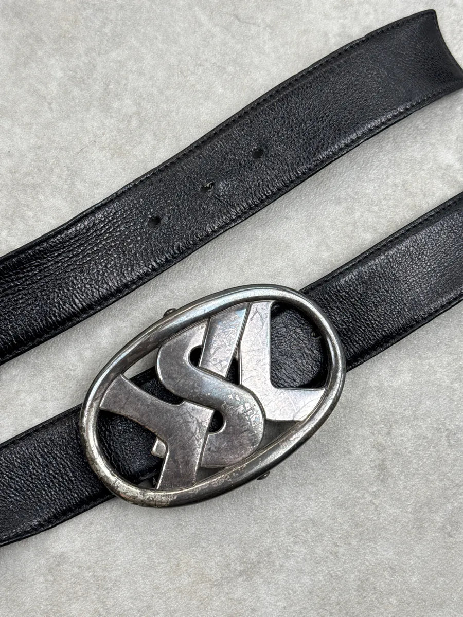 AW2003 Yves Saint Laurent Black Leather Oval Metallic Buckle Belt yKYpiCYl 4