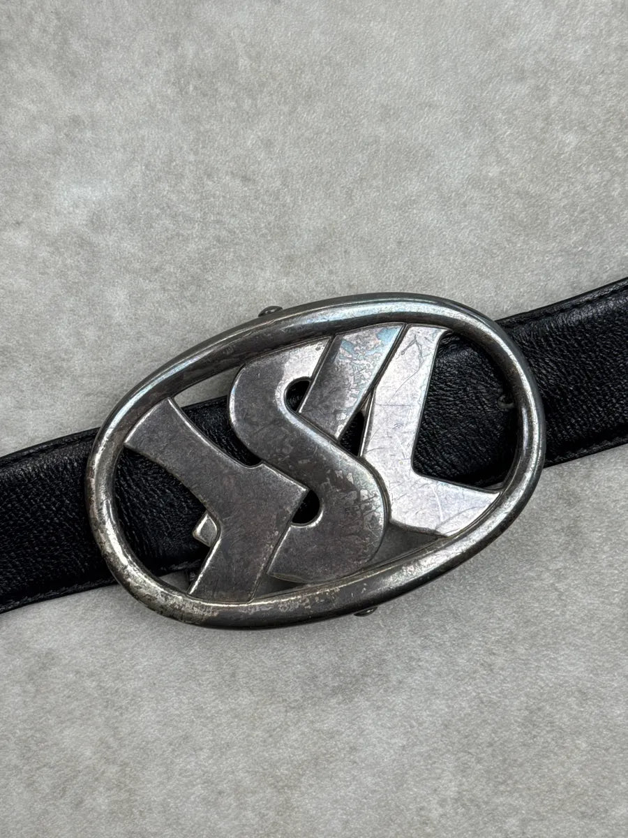 AW2003 Yves Saint Laurent Black Leather Oval Metallic Buckle Belt yKYpiCYl 8