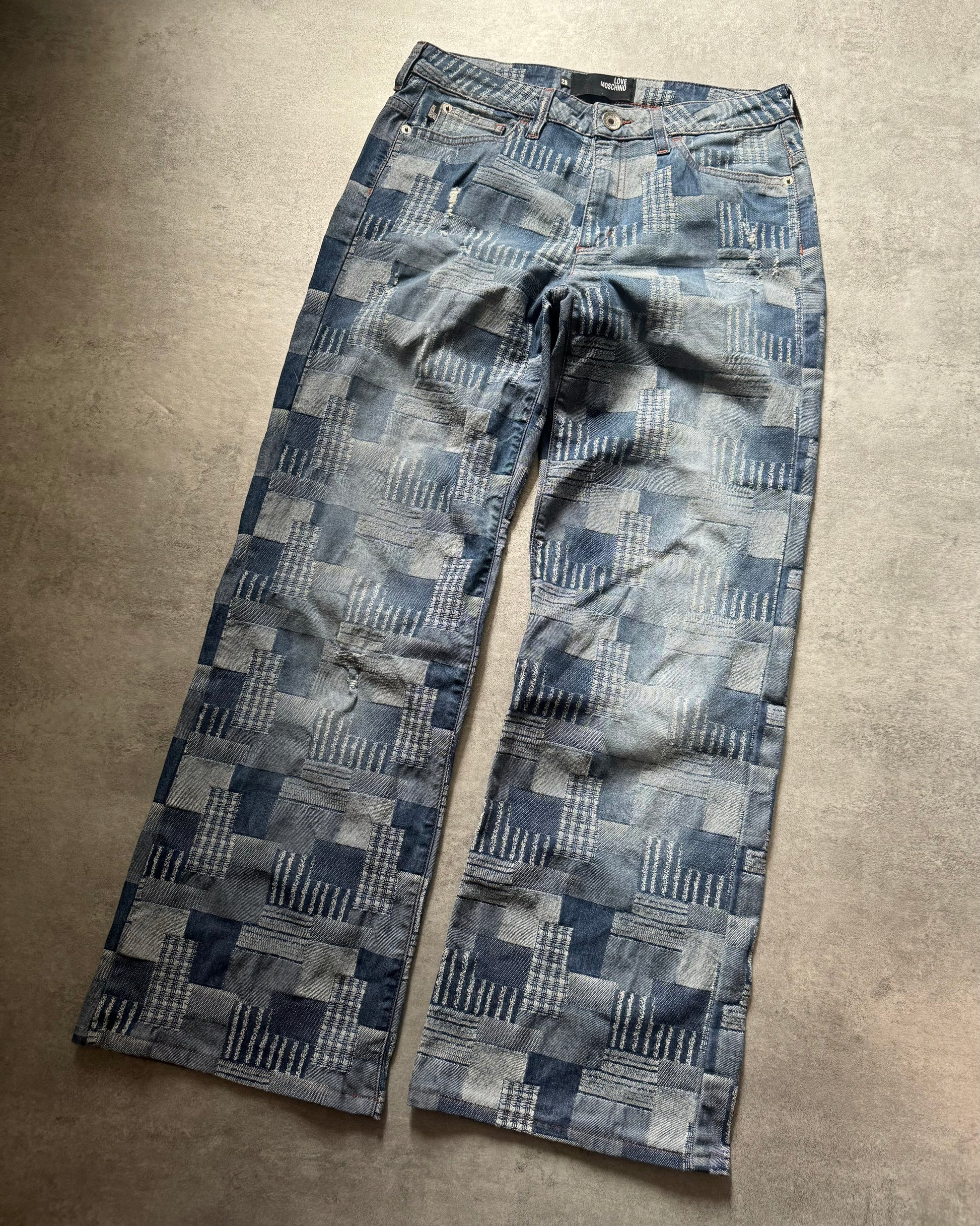 2000s Moschino Visual Patchwork Blue Straight Relaxed Pants (S) - 9