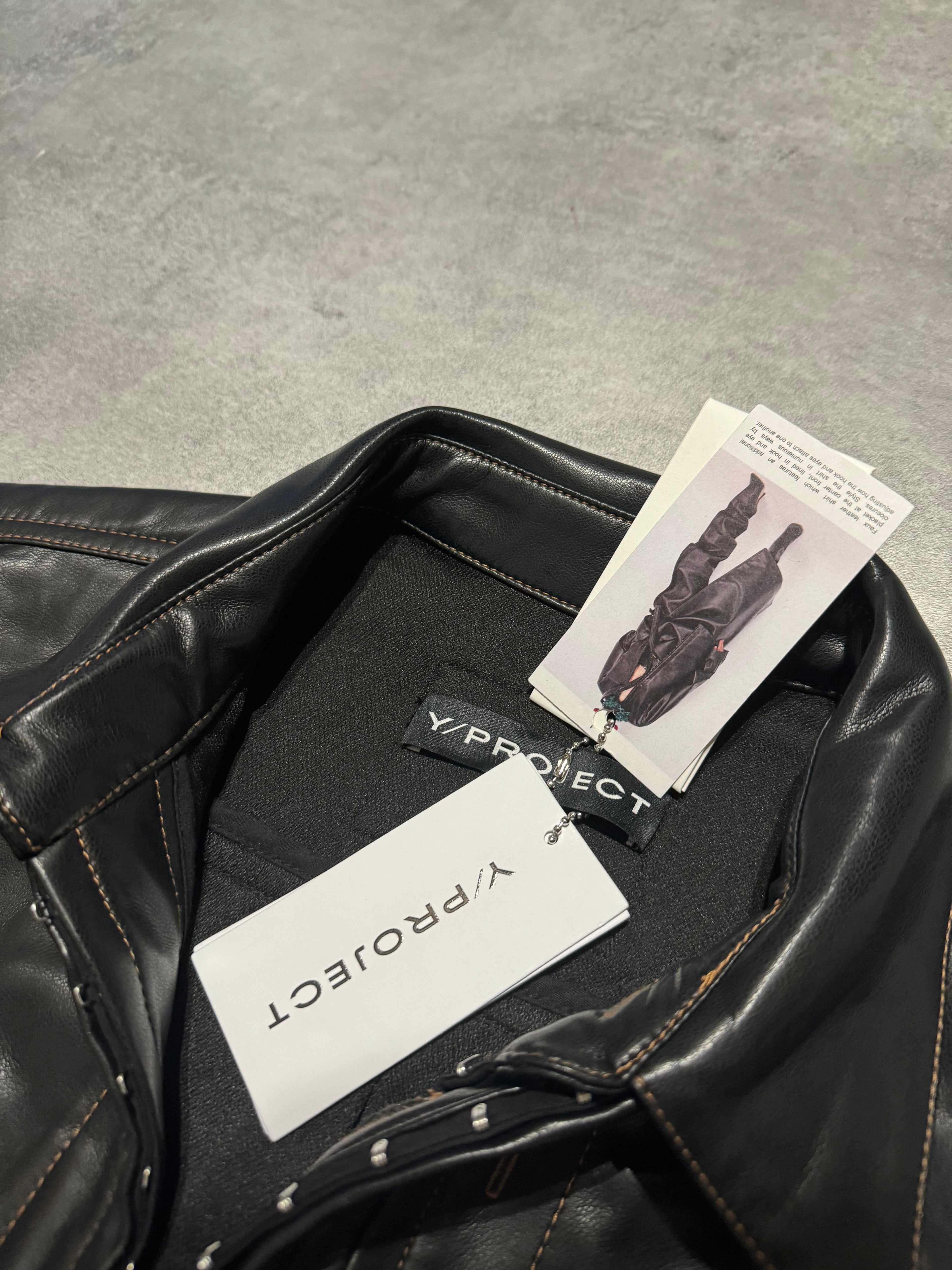 SS2025 Y/Project Black Hook & Eye Grained Faux-Leather Shirt (L) - 8