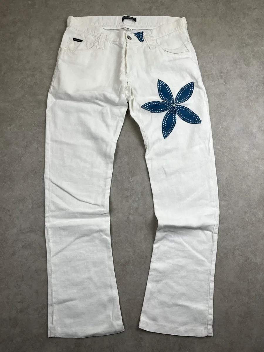 2010s Dolce & Gabbana Off-White Linen Blue Flower Pants yYrFEVWD 0
