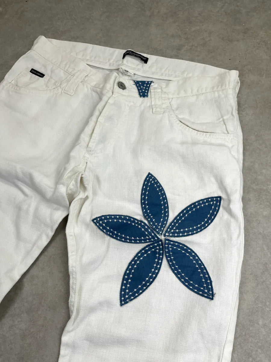 2010s Dolce & Gabbana Off-White Linen Blue Flower Pants yYrFEVWD 8