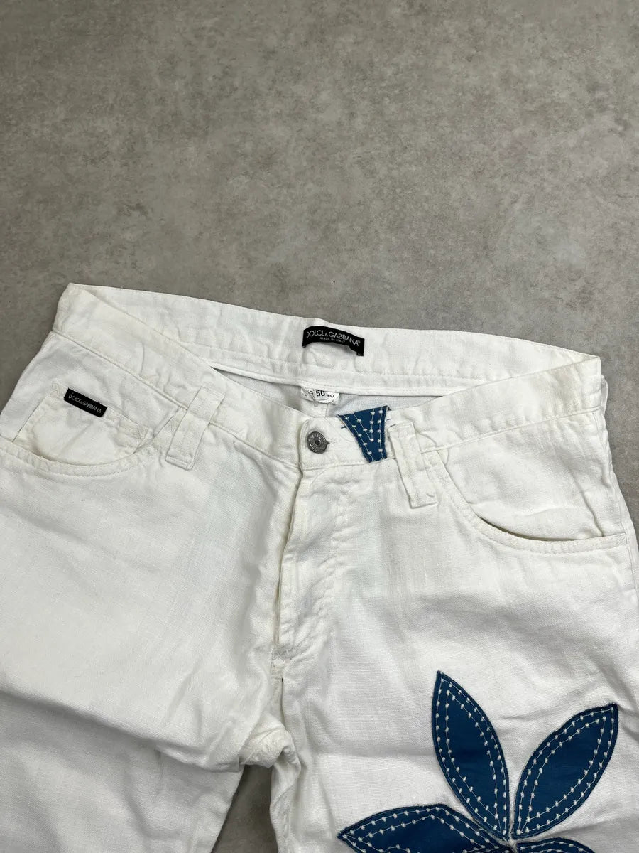 2010s Dolce & Gabbana Off-White Linen Blue Flower Pants yYrFEVWD 5