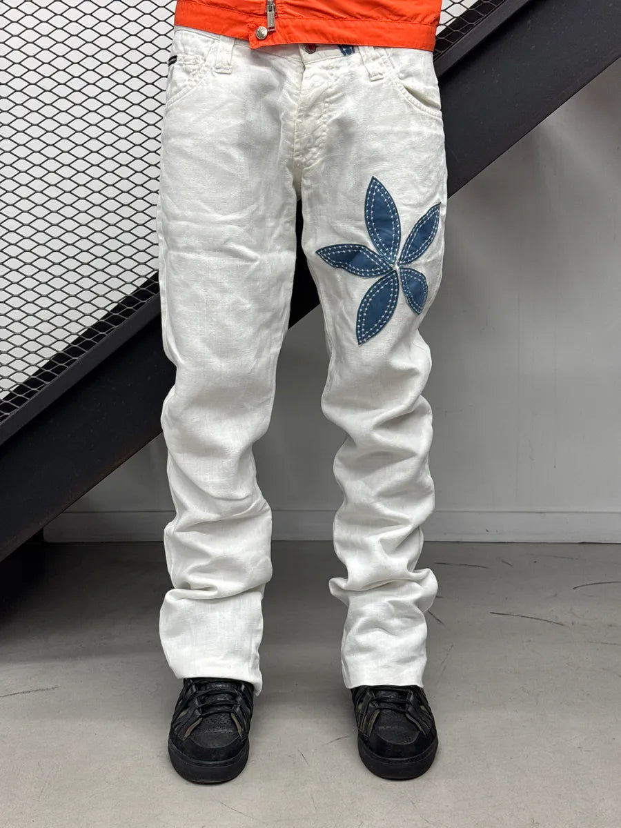 2010s Dolce & Gabbana Off-White Linen Blue Flower Pants yYrFEVWD 1
