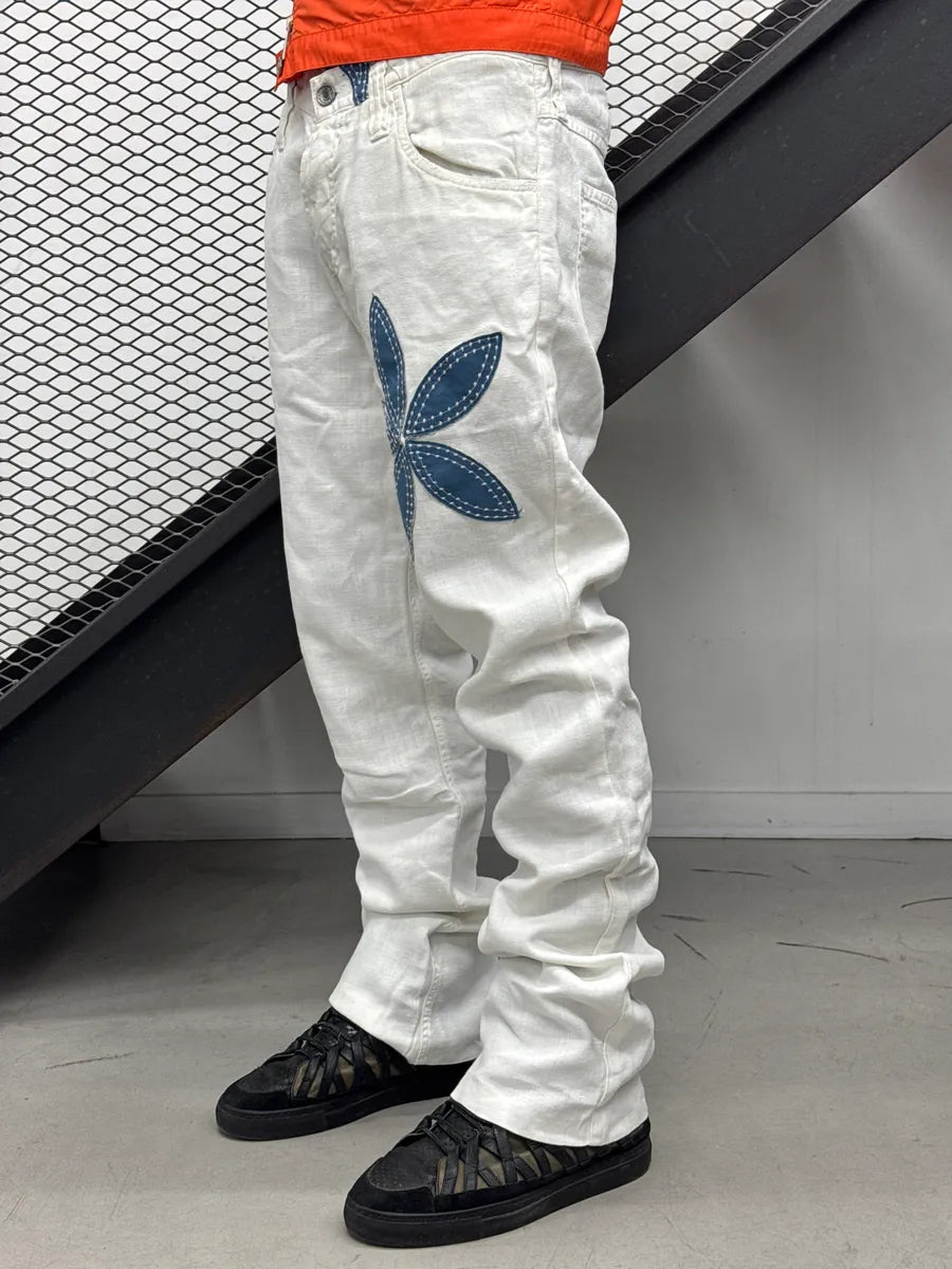 2010s Dolce & Gabbana Off-White Linen Blue Flower Pants yYrFEVWD 2