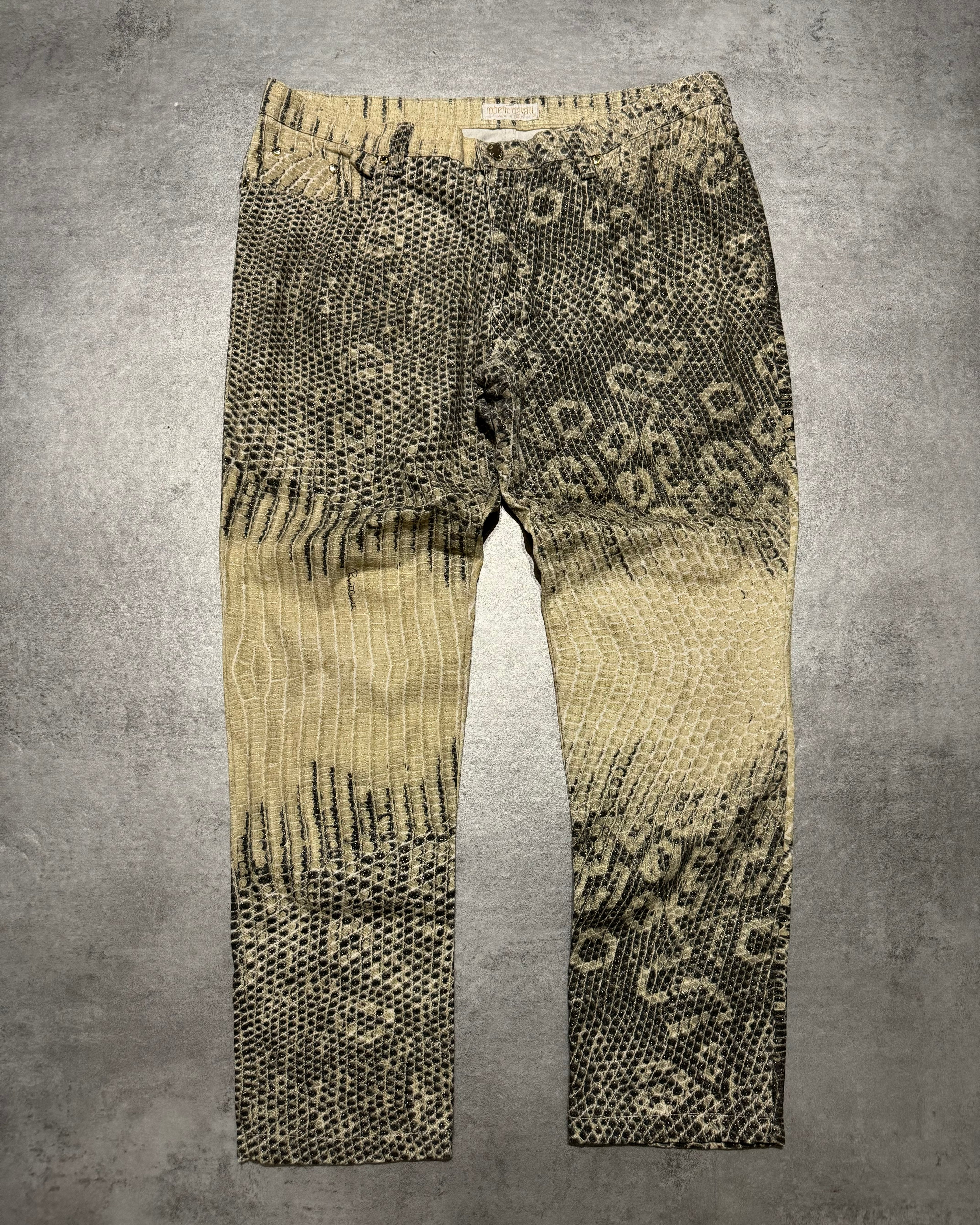 2000s Roberto Cavalli Snakeskin Effect Beige Pattern Pants (L) - 1