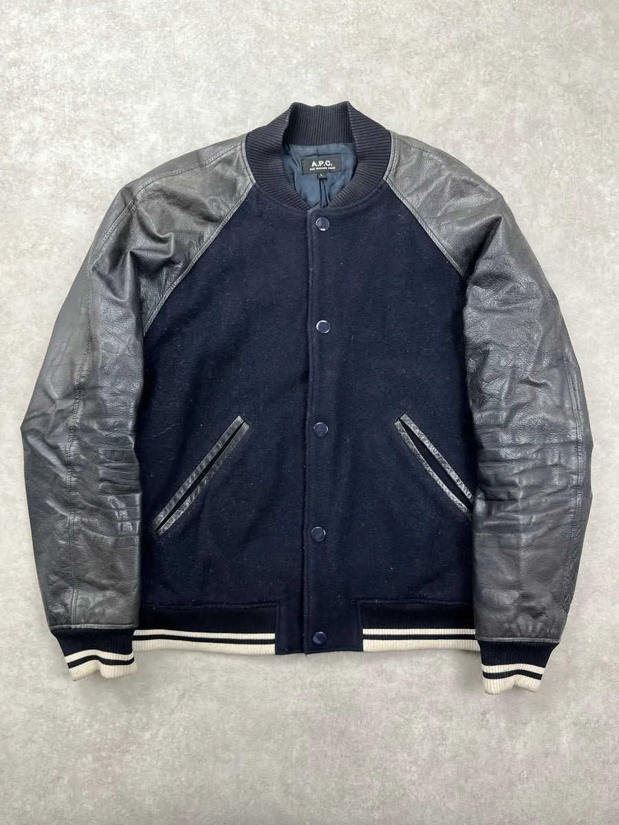 A.P.C. Dark Navy Wool Leather Varsity Bomber Jacket yhtXYvJh 0