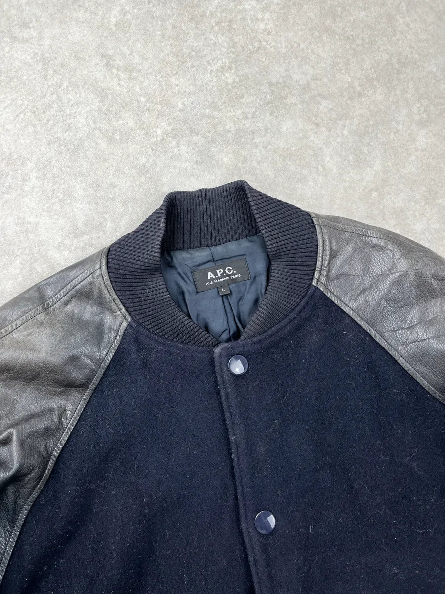 A.P.C. Dark Navy Wool Leather Varsity Bomber Jacket yhtXYvJh 5