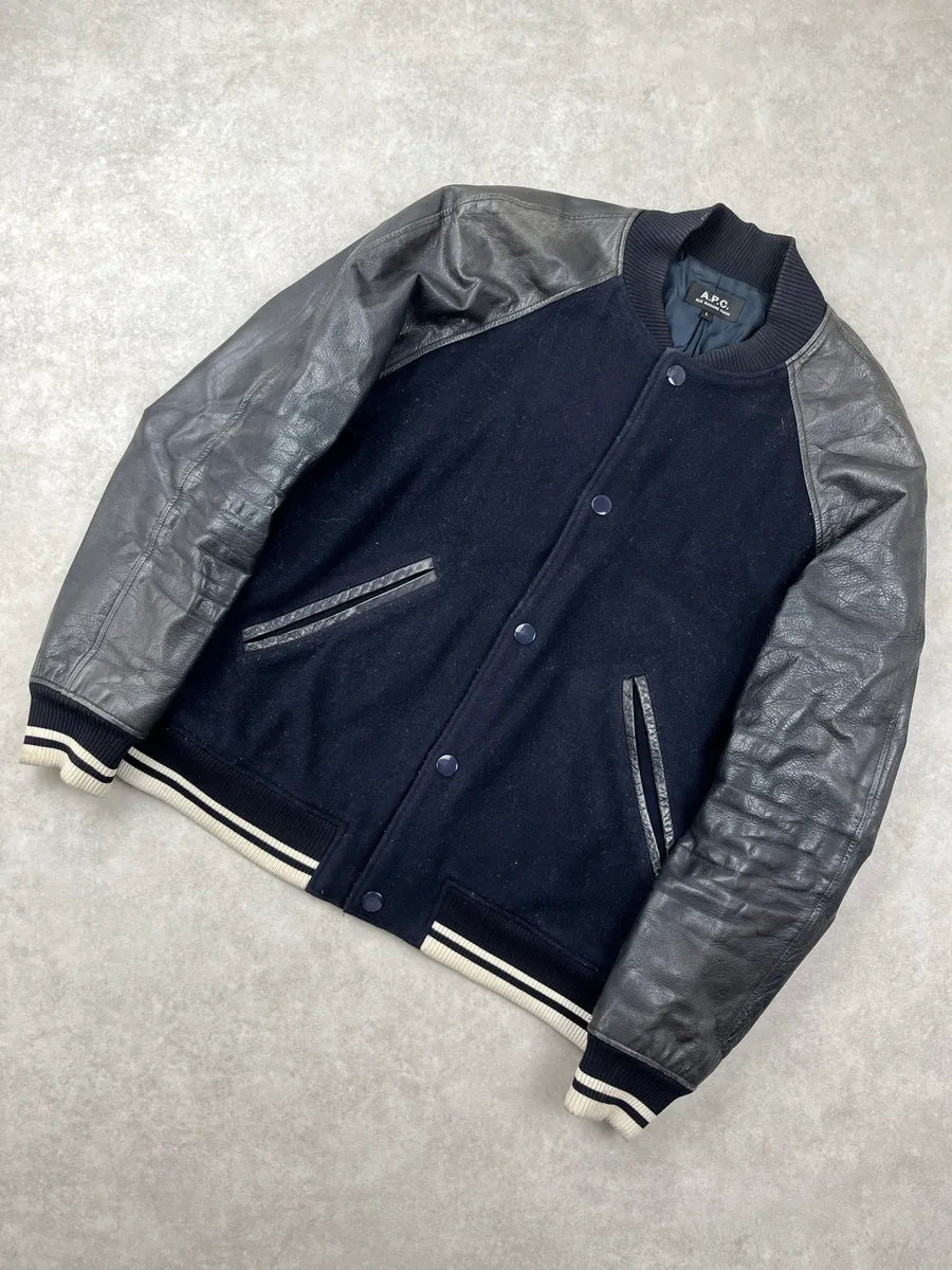 A.P.C. Dark Navy Wool Leather Varsity Bomber Jacket yhtXYvJh 7