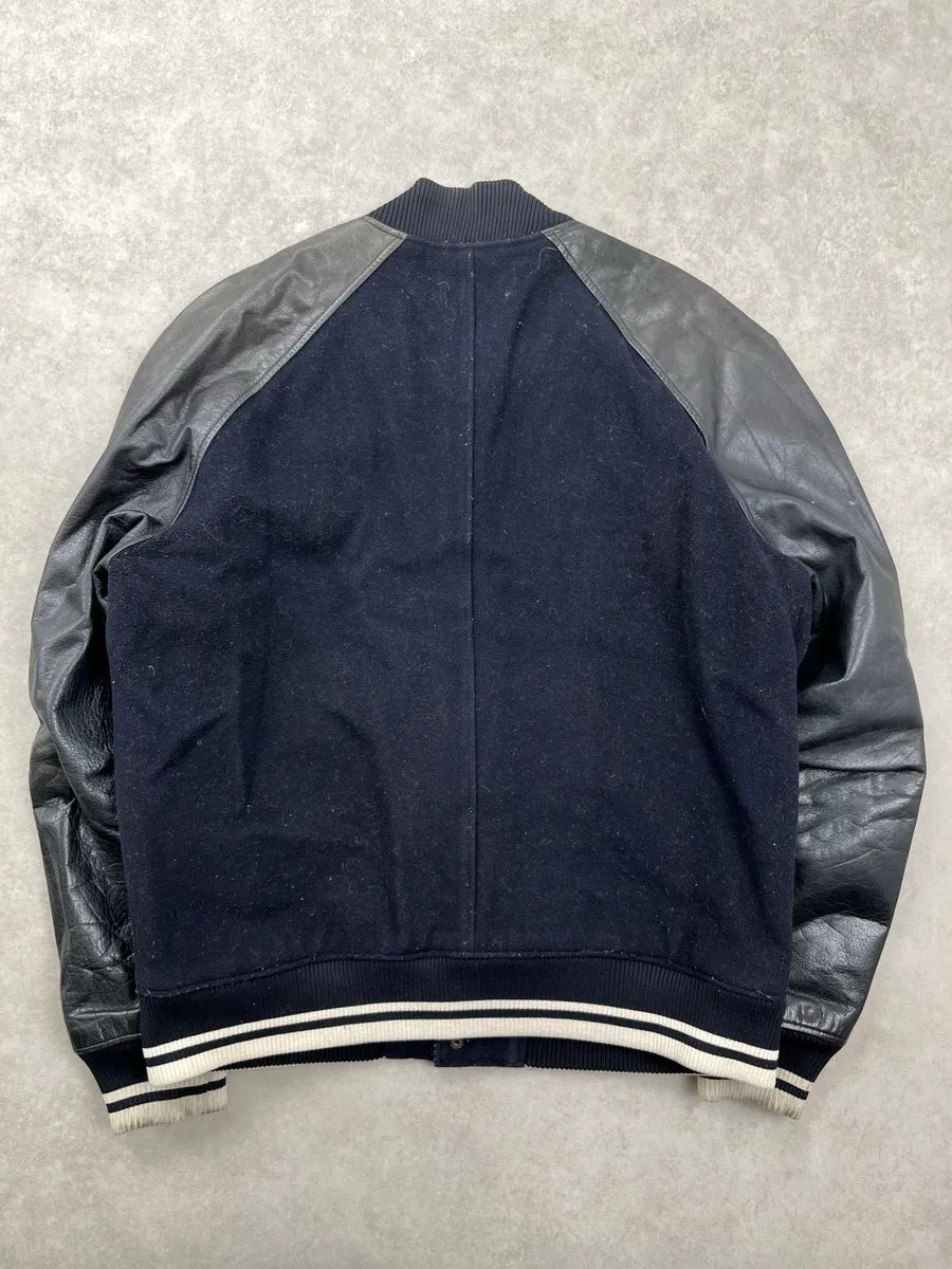 A.P.C. Dark Navy Wool Leather Varsity Bomber Jacket yhtXYvJh 4