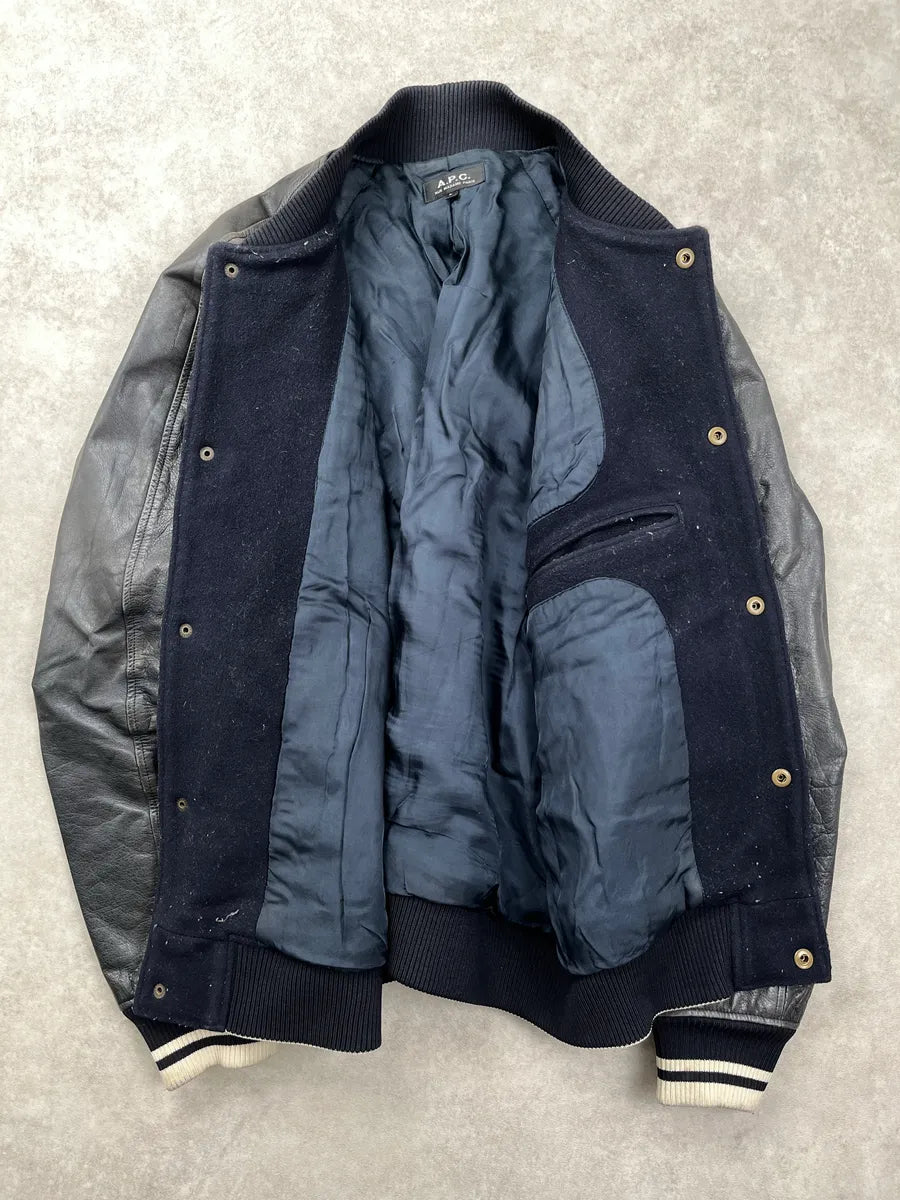 A.P.C. Dark Navy Wool Leather Varsity Bomber Jacket yhtXYvJh 3