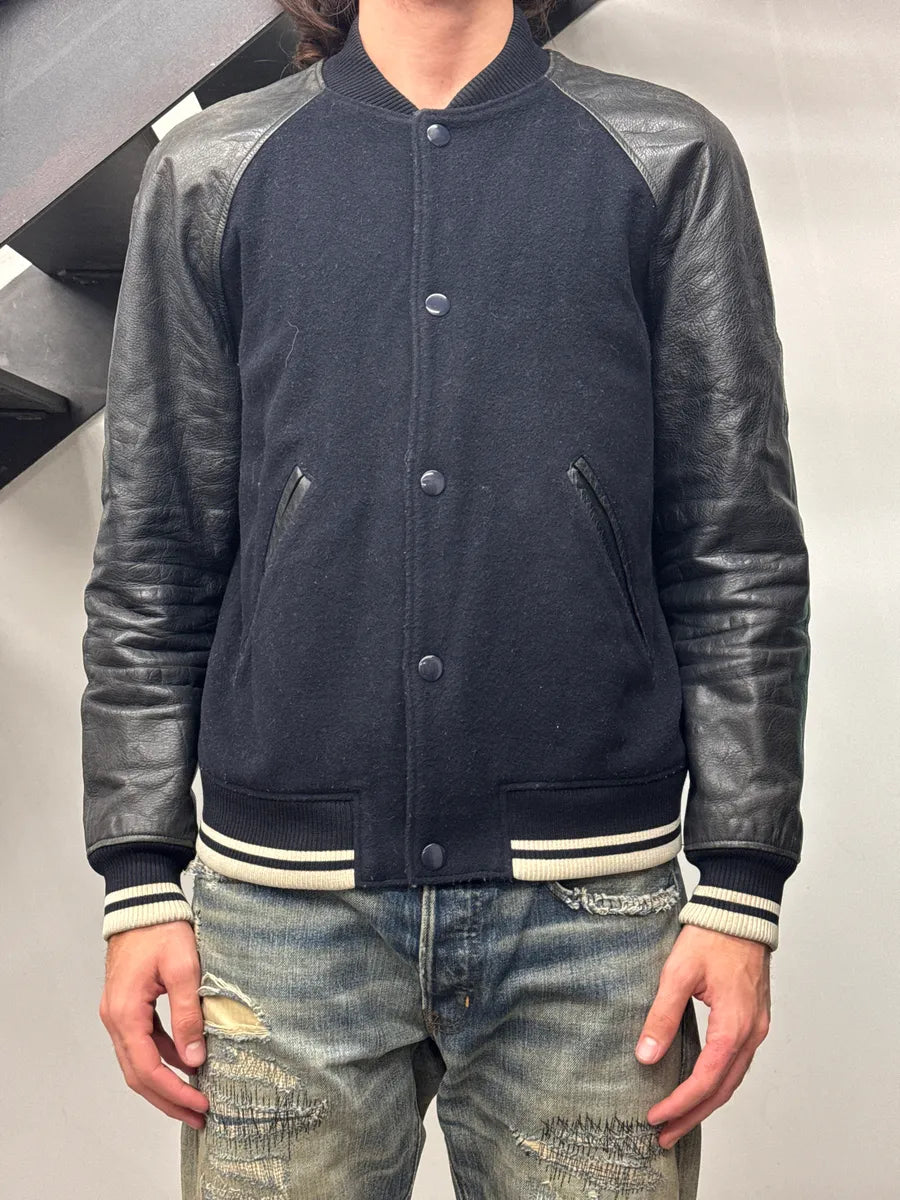 A.P.C. Dark Navy Wool Leather Varsity Bomber Jacket yhtXYvJh 1