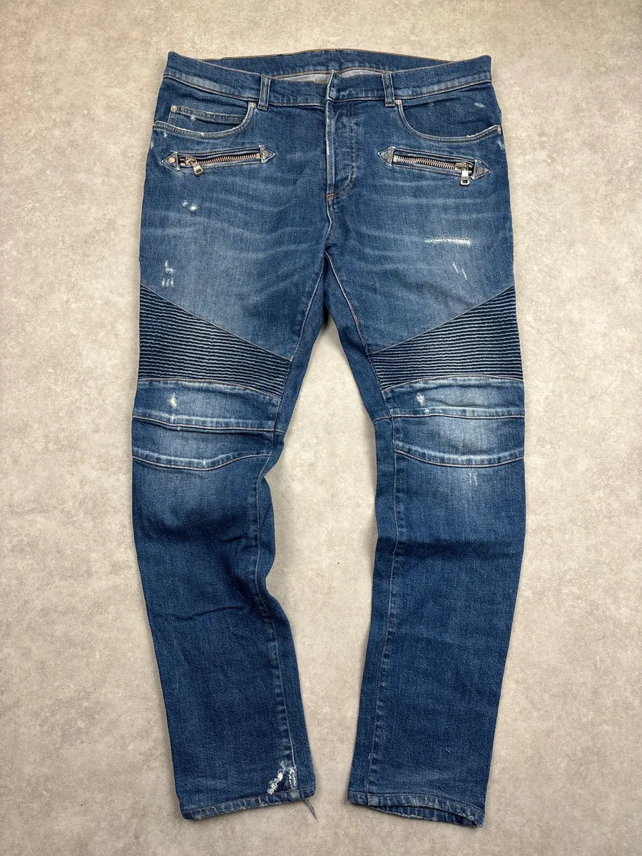 SS2018 Balmain Blue Denim Biker Zip Jeans yiBQEgiU 0