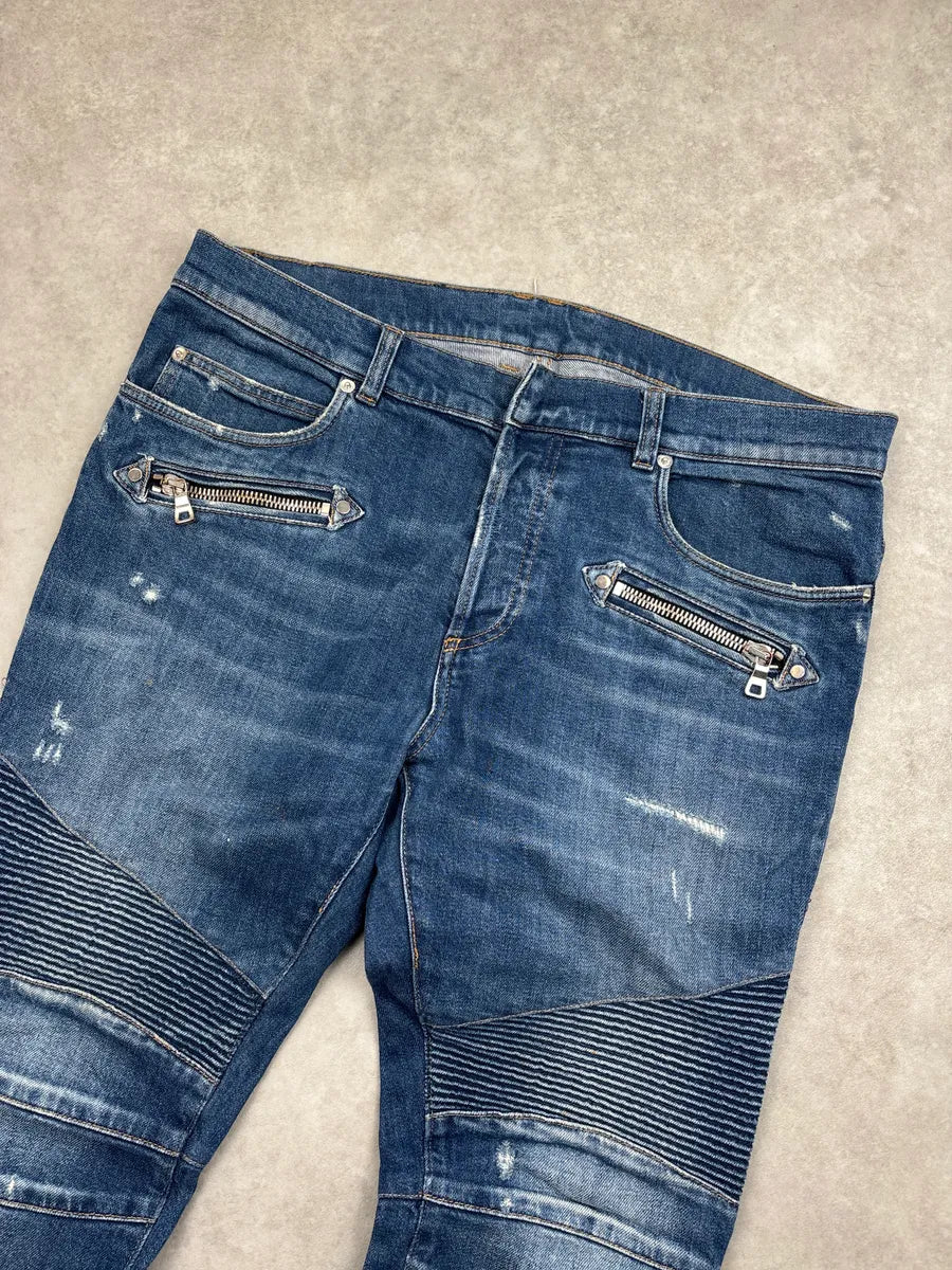 SS2018 Balmain Blue Denim Biker Zip Jeans yiBQEgiU 5