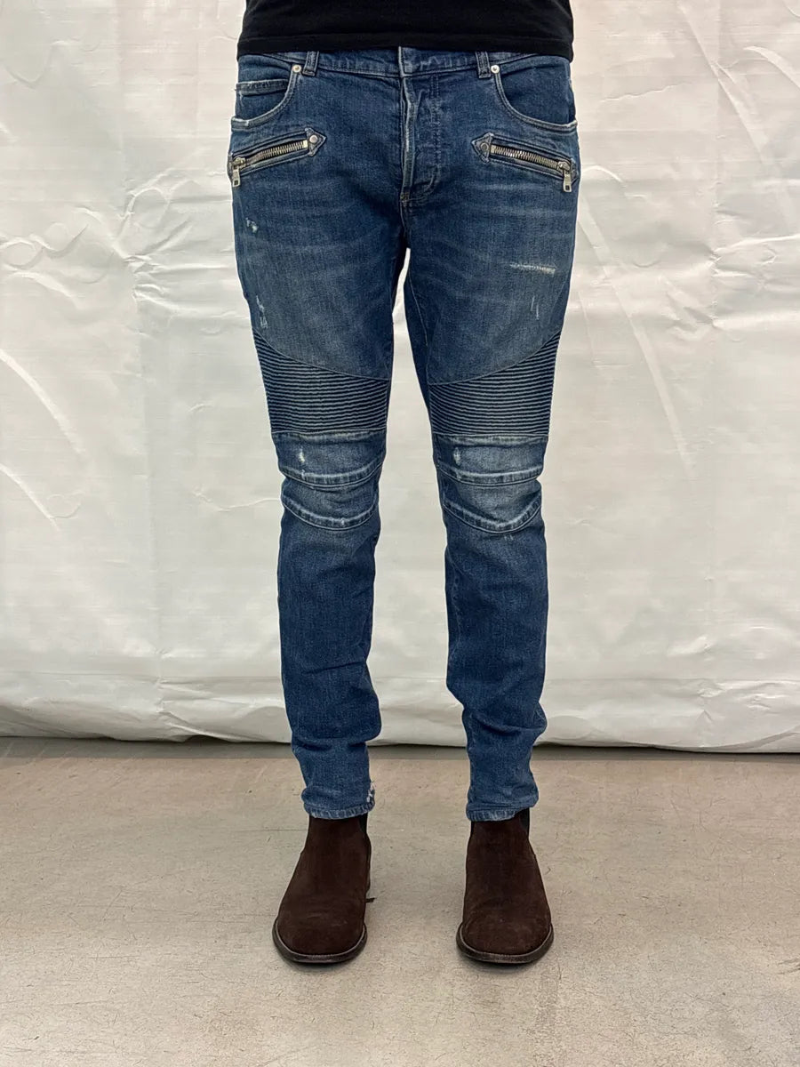 SS2018 Balmain Blue Denim Biker Zip Jeans yiBQEgiU 1