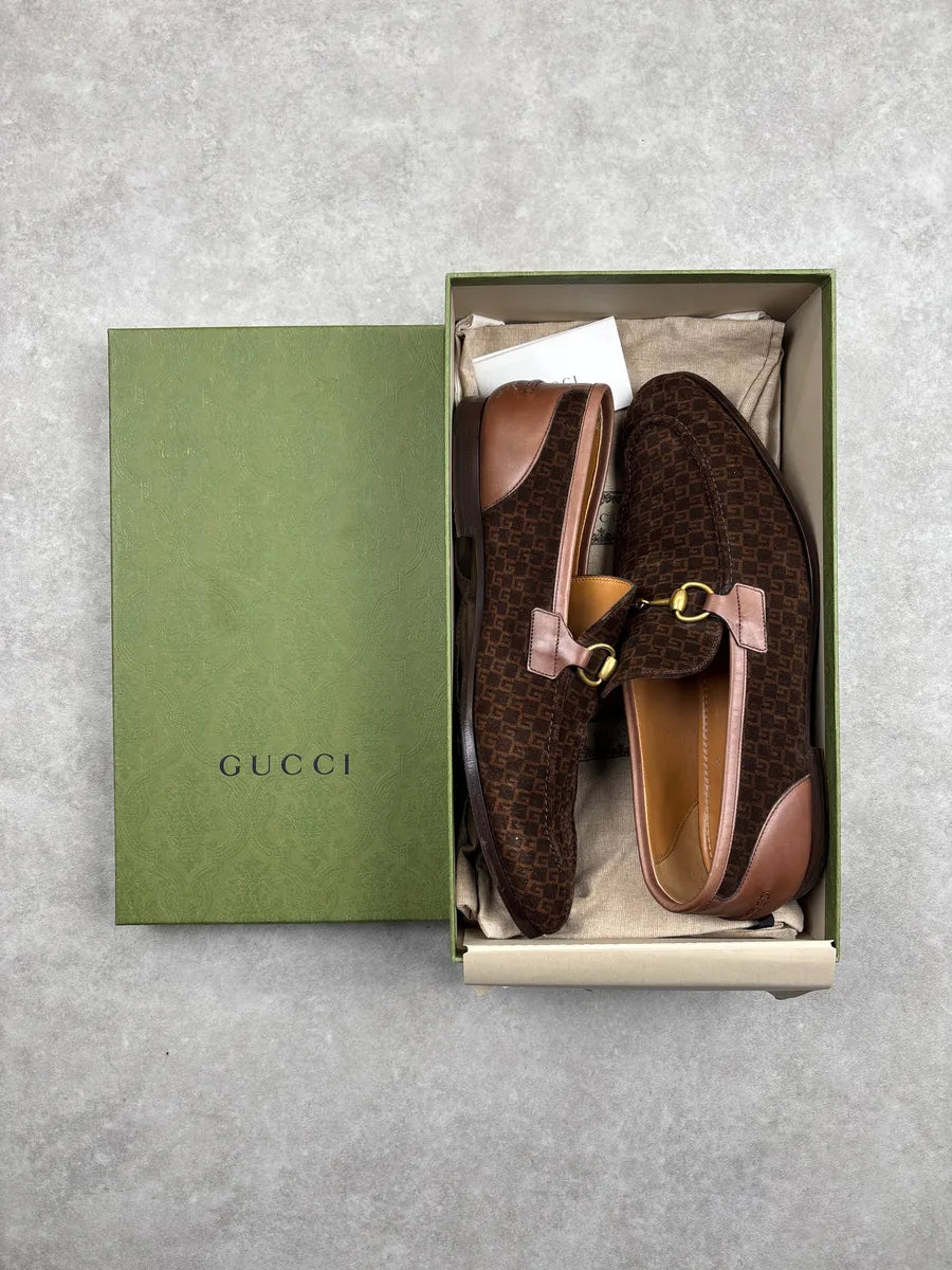 Gucci Dark Brown Suede Mini G Cube Horsebit Loafers Shoes yphghbby 2