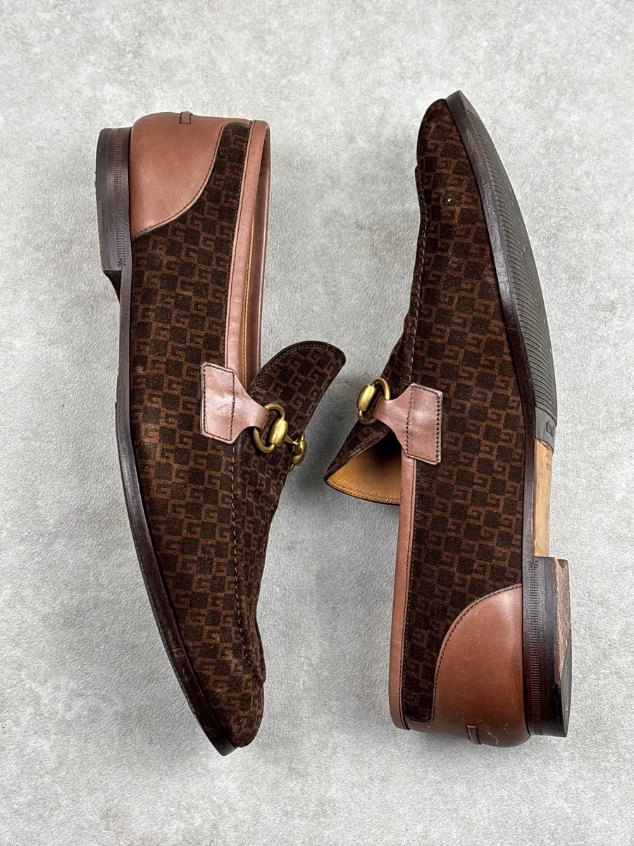 Gucci Dark Brown Suede Mini G Cube Horsebit Loafers Shoes yphghbby 5