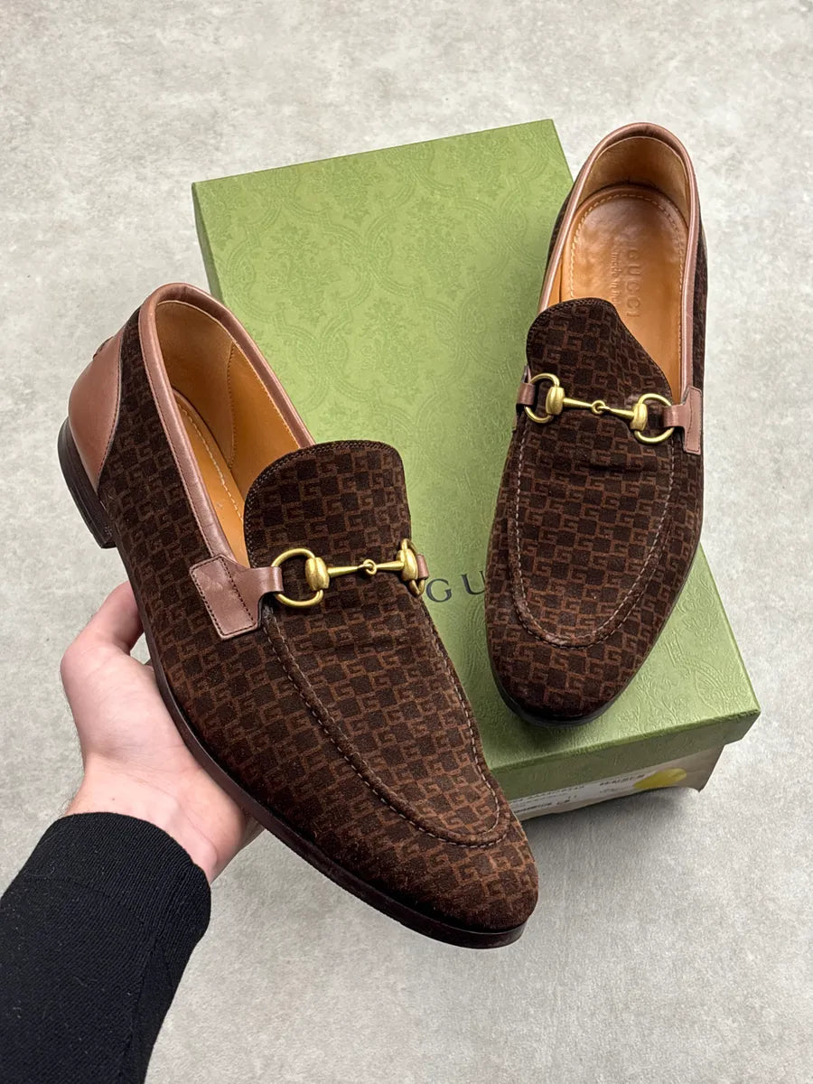 Gucci Dark Brown Suede Mini G Cube Horsebit Loafers Shoes yphghbby 0