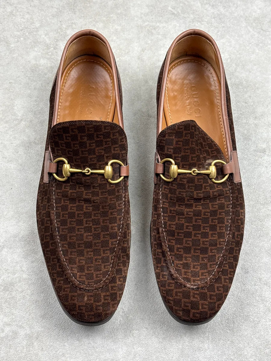 Gucci Dark Brown Suede Mini G Cube Horsebit Loafers Shoes yphghbby 1