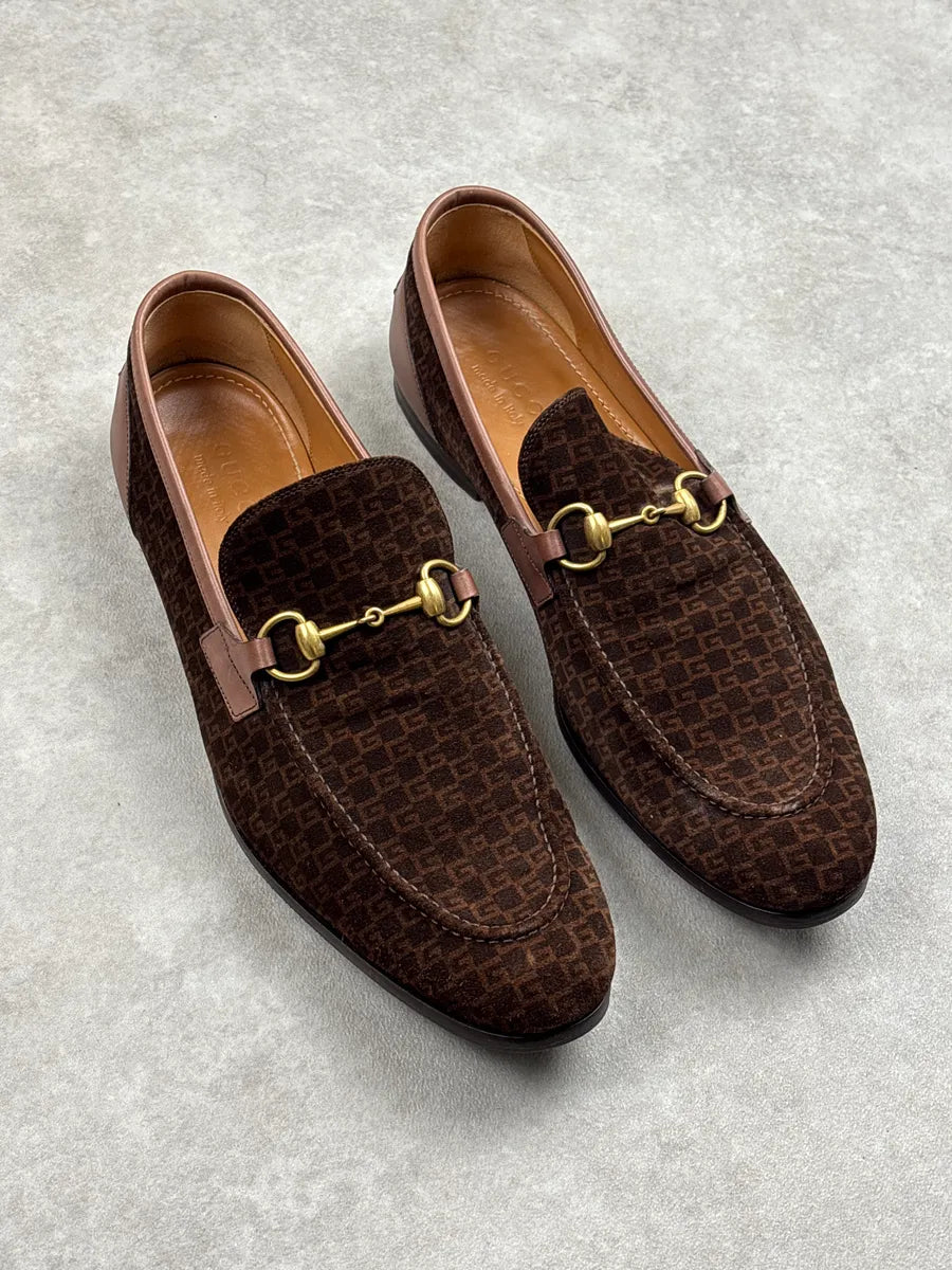 Gucci Dark Brown Suede Mini G Cube Horsebit Loafers Shoes yphghbby 4