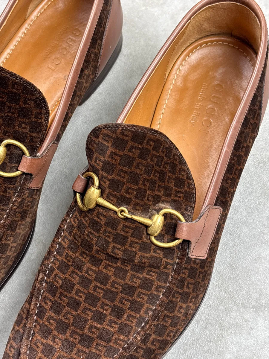 Gucci Dark Brown Suede Mini G Cube Horsebit Loafers Shoes yphghbby 8