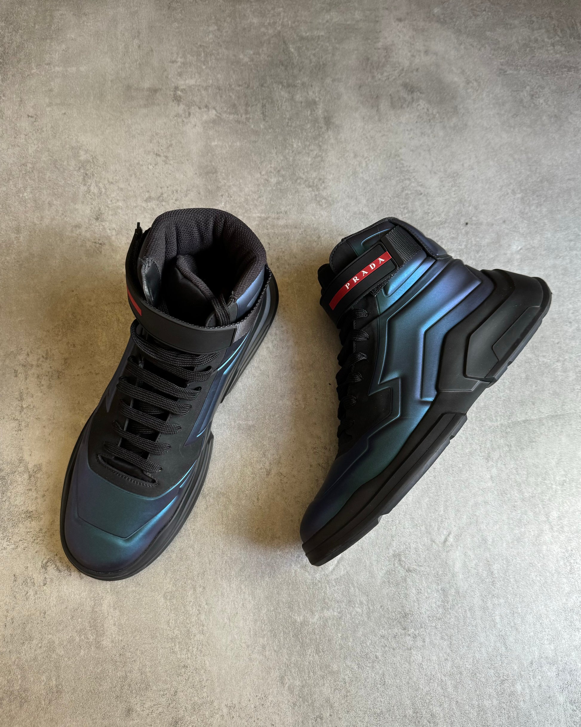 Prada Polarius Futuristic Black Iridescent High Top Sneakers (43) - 2