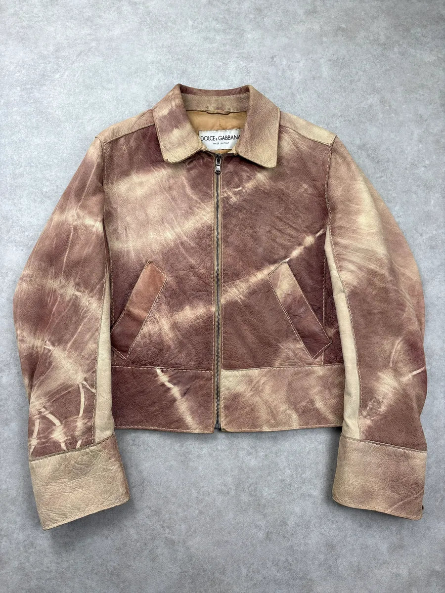 AW2001 Dolce & Gabbana Beige Burgundy Tie Dye Eroded Cropped Leather Jacket yvXABaVX 0