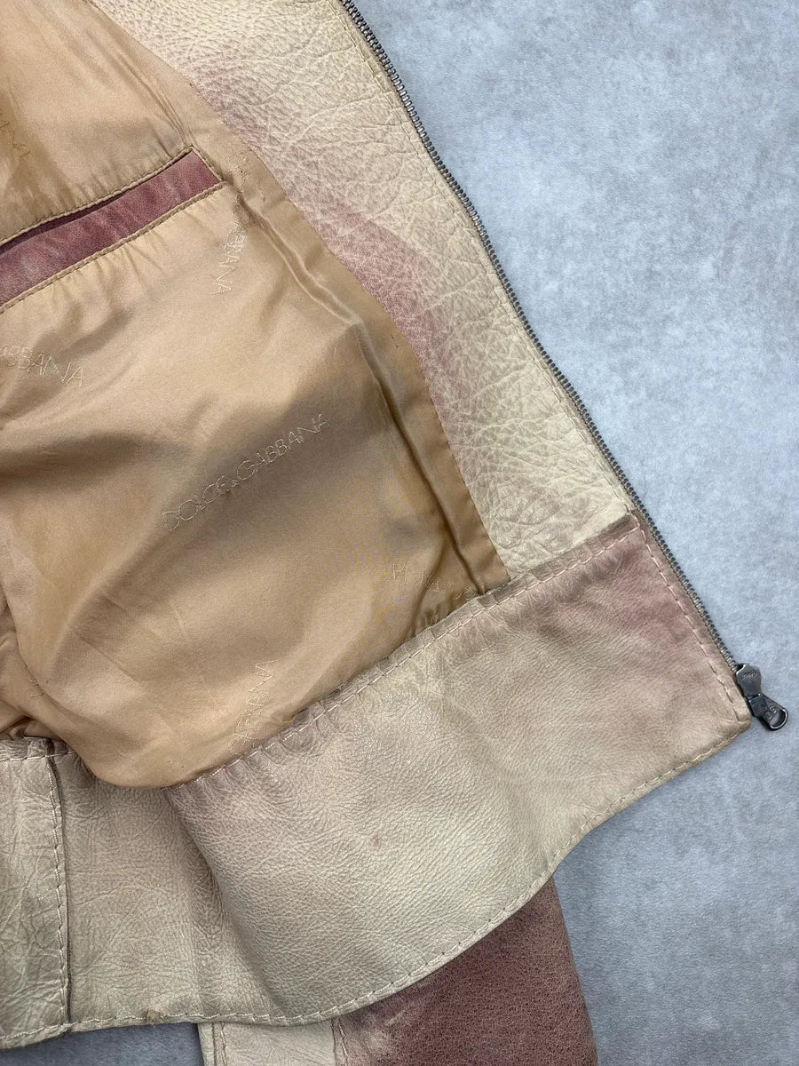AW2001 Dolce & Gabbana Beige Burgundy Tie Dye Eroded Cropped Leather Jacket yvXABaVX 11