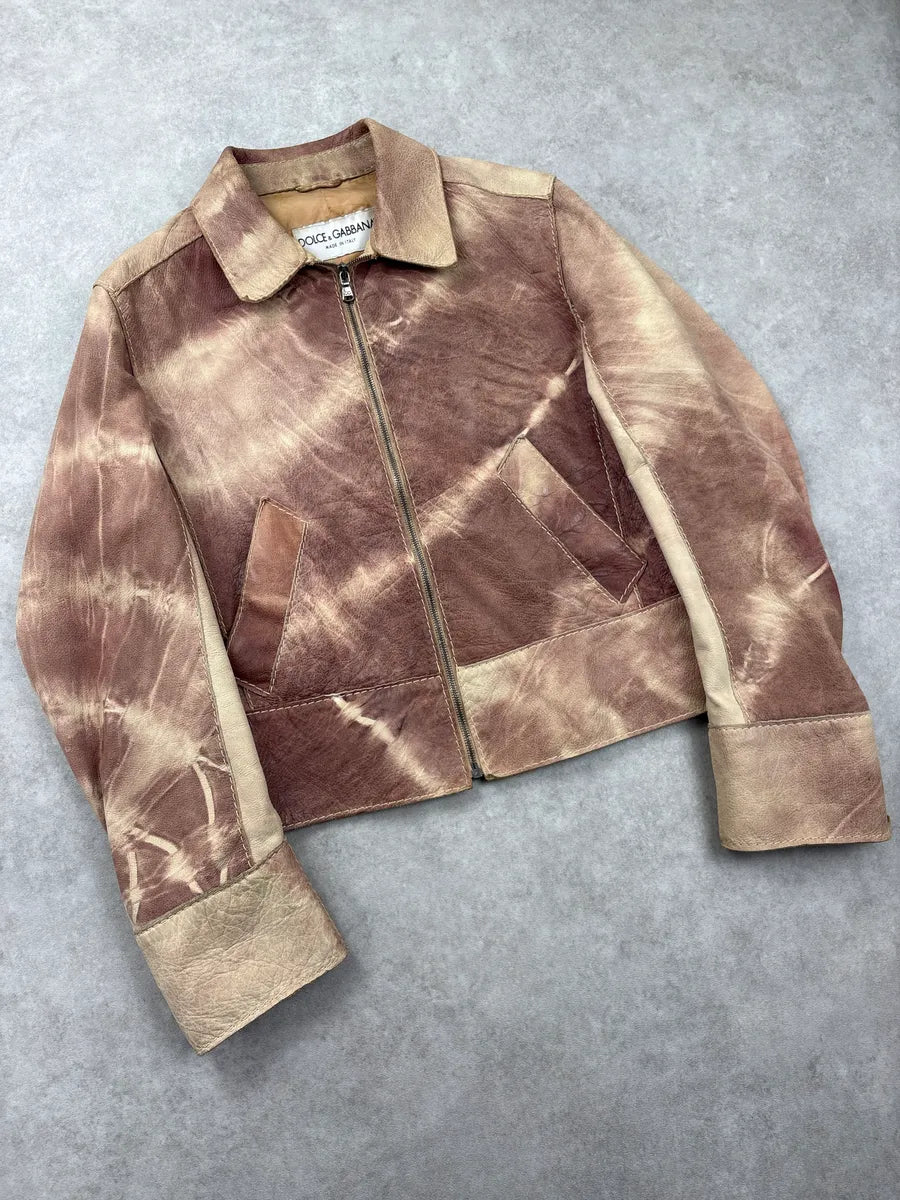 AW2001 Dolce & Gabbana Beige Burgundy Tie Dye Eroded Cropped Leather Jacket yvXABaVX 3