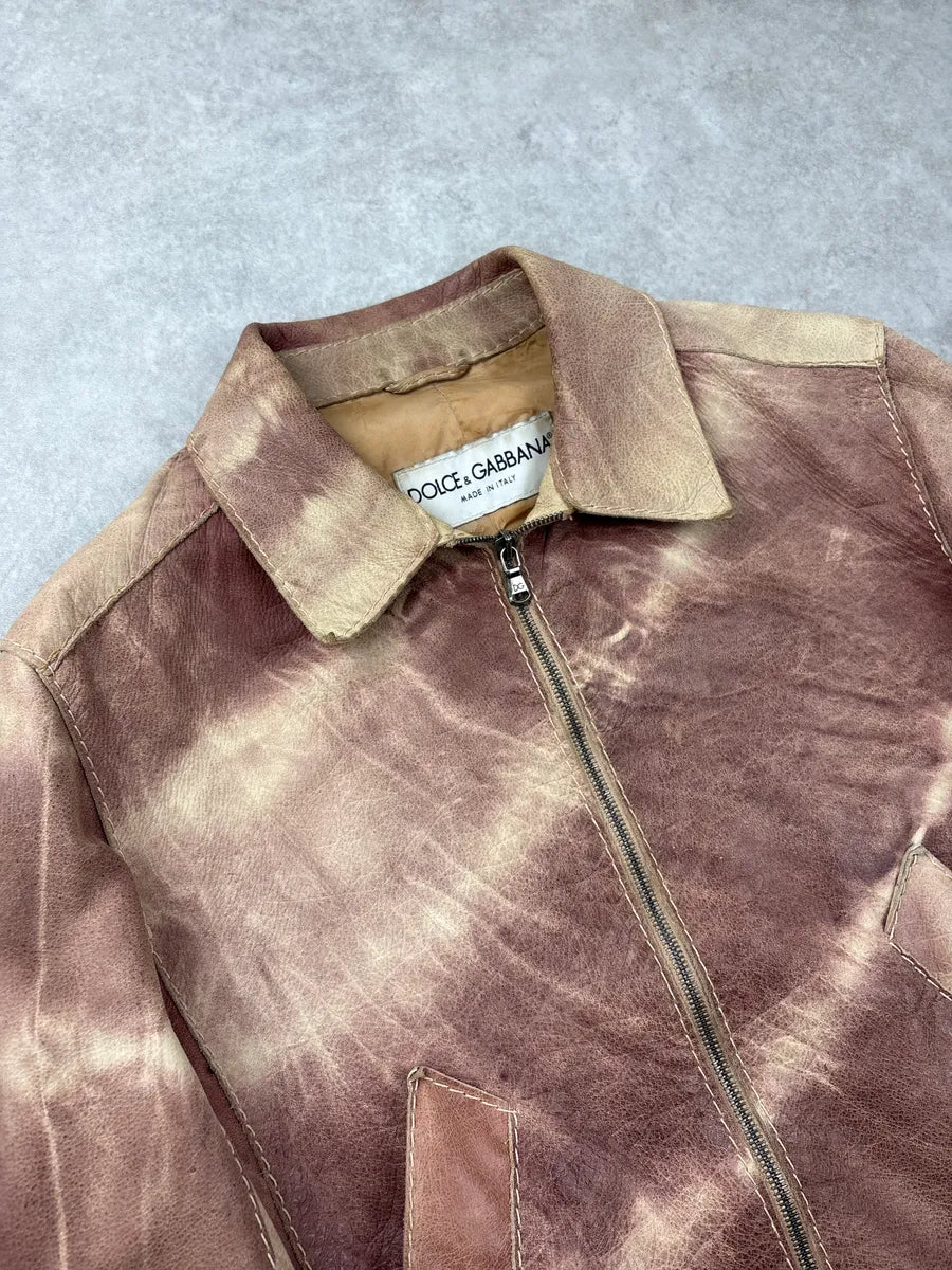 AW2001 Dolce & Gabbana Beige Burgundy Tie Dye Eroded Cropped Leather Jacket yvXABaVX 4