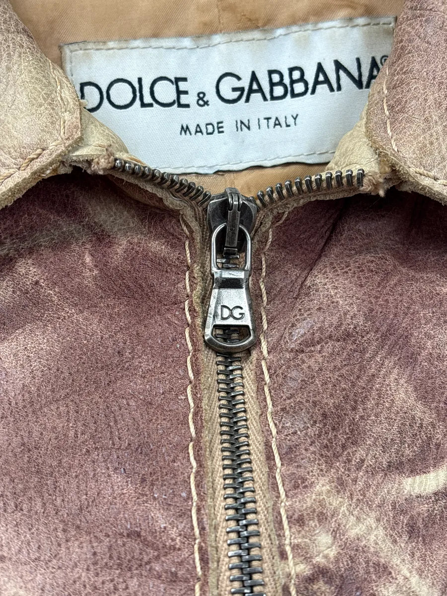 AW2001 Dolce & Gabbana Beige Burgundy Tie Dye Eroded Cropped Leather Jacket yvXABaVX 9