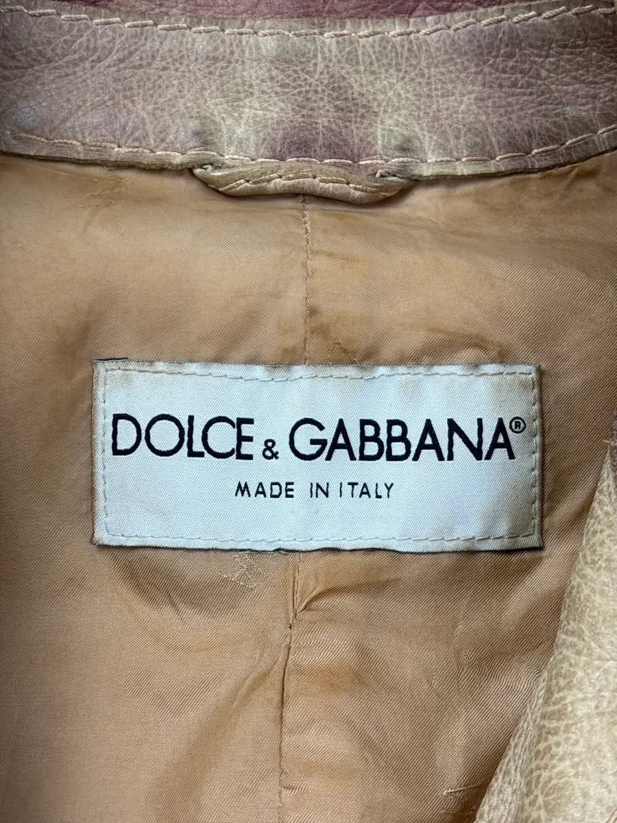 AW2001 Dolce & Gabbana Beige Burgundy Tie Dye Eroded Cropped Leather Jacket yvXABaVX 12