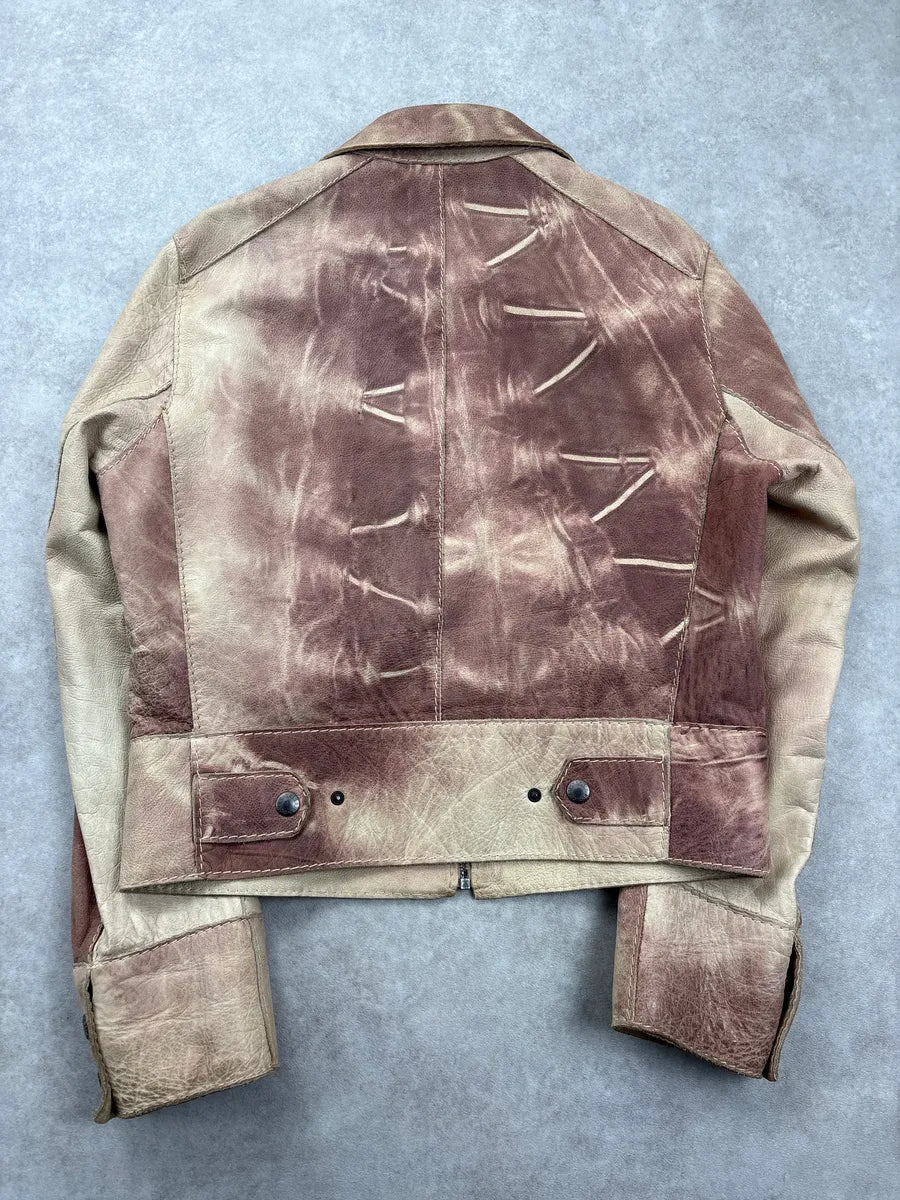 AW2001 Dolce & Gabbana Beige Burgundy Tie Dye Eroded Cropped Leather Jacket yvXABaVX 5