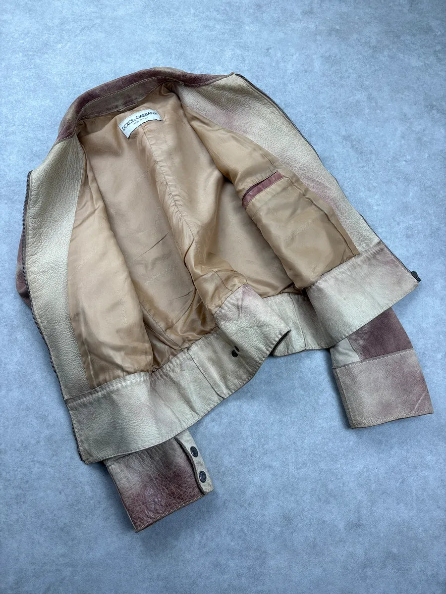 AW2001 Dolce & Gabbana Beige Burgundy Tie Dye Eroded Cropped Leather Jacket yvXABaVX 6