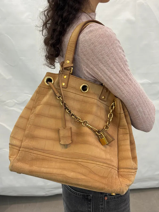 2000s Yves Saint Laurent Beige Crocodile Embossed Leather Bucket Bag nkANnvg 2