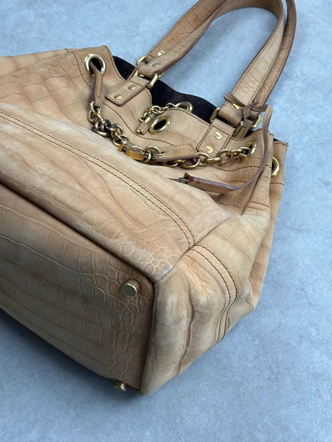 2000s Yves Saint Laurent Beige Crocodile Embossed Leather Bucket Bag nkANnvg 4