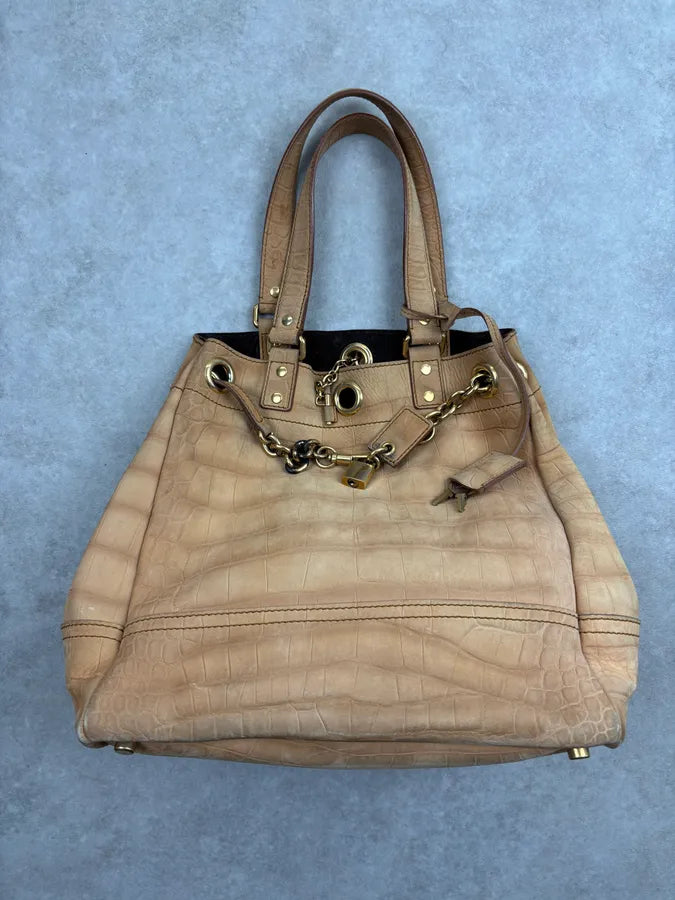 2000s Yves Saint Laurent Beige Crocodile Embossed Leather Bucket Bag nkANnvg 3