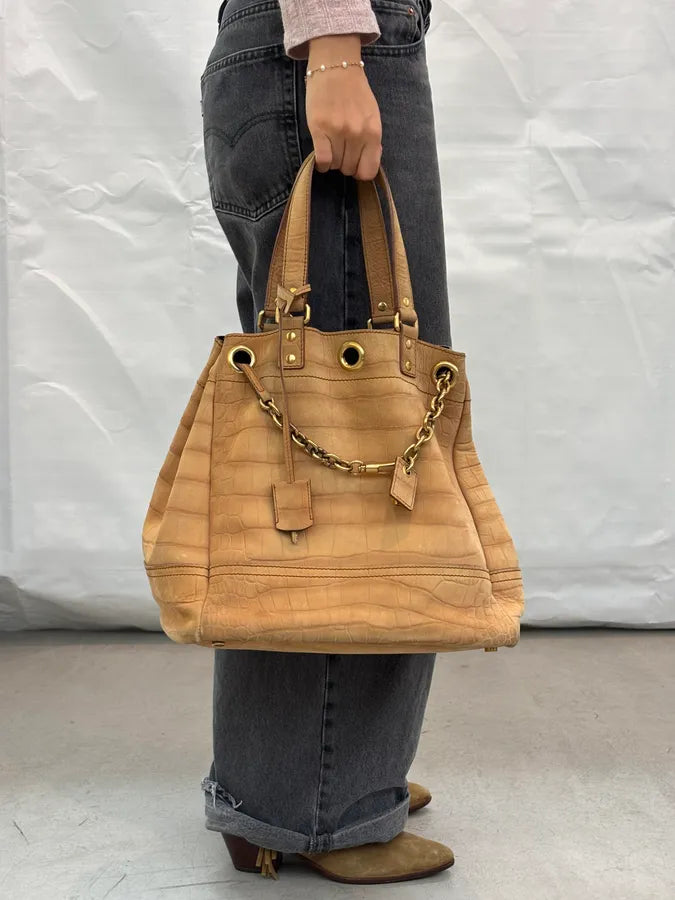 2000s Yves Saint Laurent Beige Crocodile Embossed Leather Bucket Bag nkANnvg 1