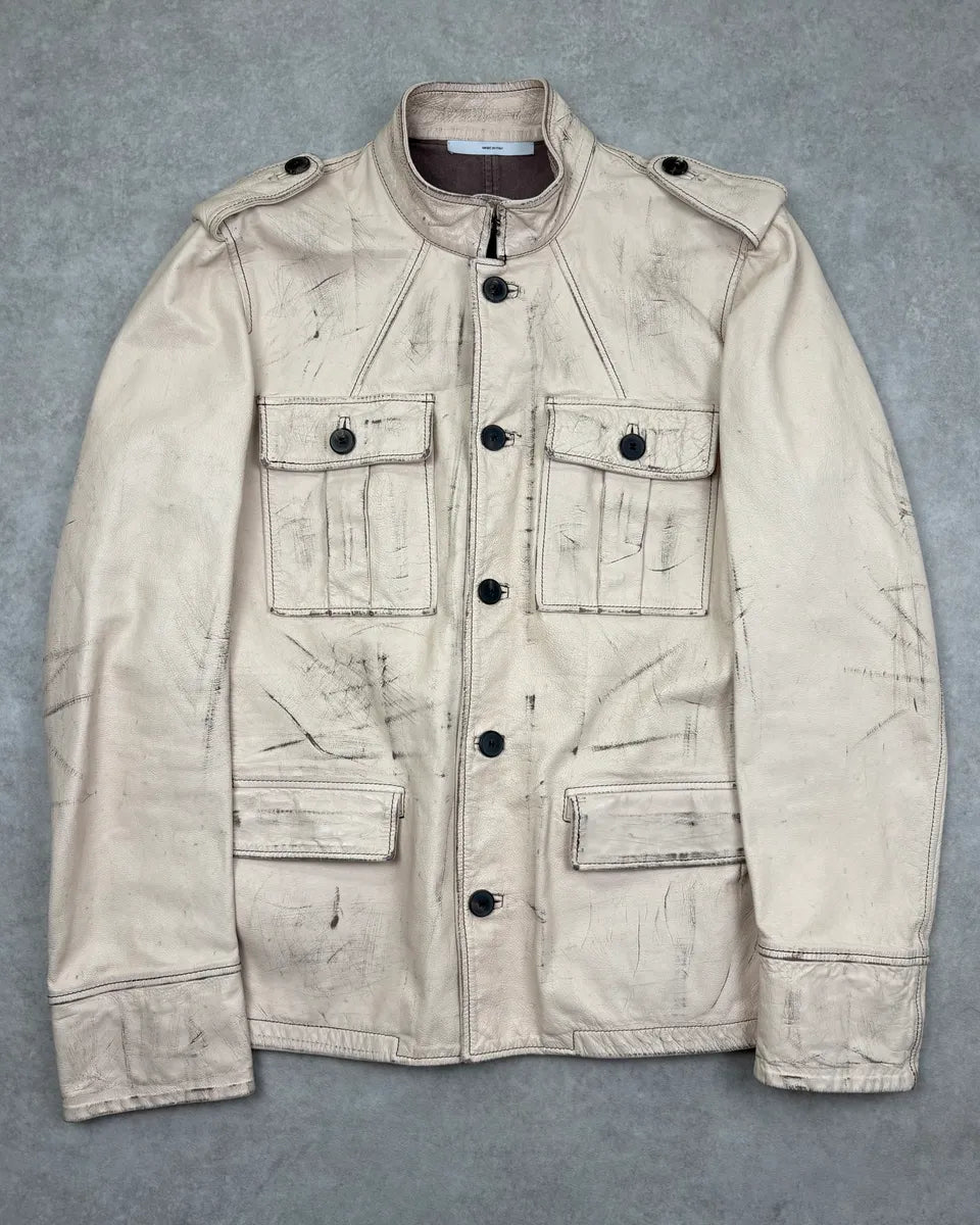 2000s Yves Saint Laurent Cream Military Leather Cargo Jacket ITDNQpM 0